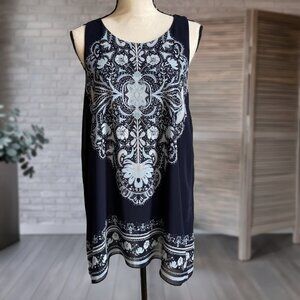 MAX STUDIO Sleeveless Tunic Top Sheer Crepe Navy Light Blue Lined XL